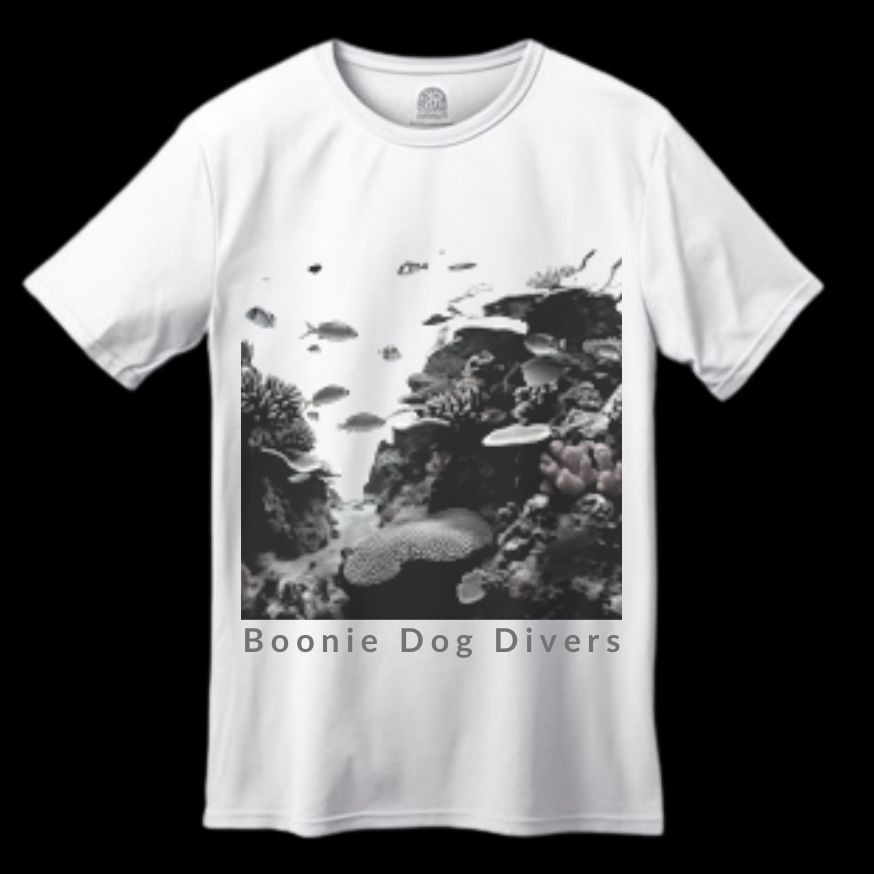 Underwater life black and white tshirt design. Guam scuba diving. Support Boonie dog divers. 